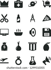 Solid Black Vector Icon Set - Floppy Disk Vector, Scissors, First Aid Kit, Loudspeaker, Screen, Piece Of Pizza, Hot Porridge, Liquor, Loquat, Onion, Measuring Compasses, Dollars, Flask, Saturn