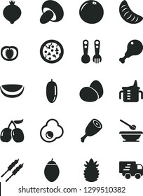 Solid Black Vector Icon Set - measuring cup for feeding vector, plates and spoons, plastic fork, eggs, pizza, porcini, chicken leg, thigh, barbecue, fried egg, medlar, tasty cornels, date fruit