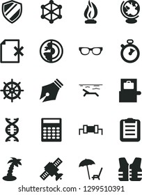 Solid Black Vector Icon Set - delete page vector, glasses, dna, satellite, globe, flame, clipboard, calculator, earth core, stopwatch, 3d cube, ink pen, resistor, baggage scanner, beach, palm tree
