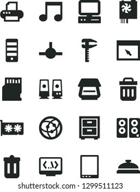 Solid Black Vector Icon Set - bedside table vector, calipers, computer, tablet pc, power supply, tower, gpu card, printer, scanner, speaker, network, browser, connect, trash bin, coding, note, sd