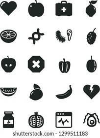 Solid Black Vector Icon Set - mark of injury vector, medical bag, heart, broken, cardiogram, jar jam, apple, half pomegranate, quince, tasty, mulberry, water melon slice, passion fruit, yellow lemon