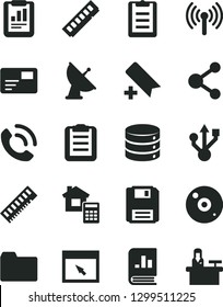 Solid Black Vector Icon Set - add bookmark vector, folder, estimate, big data, pass card, phone call, connection, statistical report, book on statistics, memory, usb, cd, browser, floppy, wireless