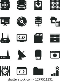 Solid Black Vector Icon Set - folder vector, download archive data, storage unit, estimate, CD, big, server, address book, processor, financial report, radiator fan, router, usb flash, browser