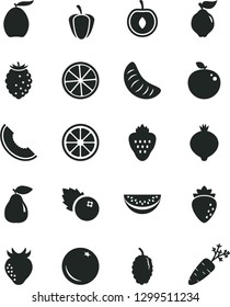 Solid Black Vector Icon Set - blueberries vector, strawberry, orange, quince, pear, raspberry, medlar, tasty, mulberry, slice of melon, loquat, water, tangerine, half cherry, juicy lemon, carrot