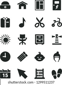 Solid Black Vector Icon Set - scissors vector, bedside table, funny hairdo, child bicycle, winter hat, warm, abacus, window, dangers, home, wall clock, calendar, folded shirt, lighthouse, note, sun