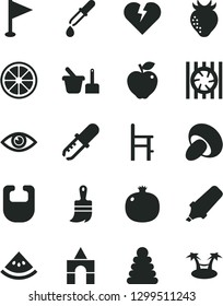 Solid Black Vector Icon Set - pennant vector, bib, stacking rings, toy sand set, a chair for feeding, box of bricks, wooden paint brush, broken heart, eye, porcini, pomegranate, red apple, pipette