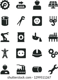 Solid Black Vector Icon Set - workman vector, winch hook, adjustable wrench, power socket type b, f, construction helmet, star gear, solar panel, oil, line, industrial building, enterprise, builder