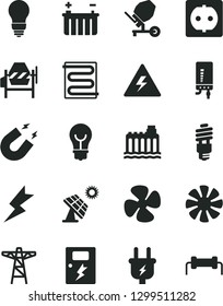 Solid Black Vector Icon Set - danger of electricity vector, concrete mixer, bulb, lightning, dangers, heating coil, electronic boiler, fan screw, big solar panel, battery, hydroelectricity, plug