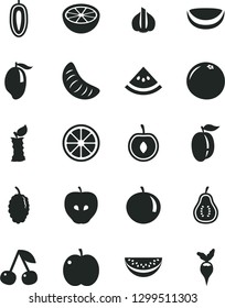 Solid Black Vector Icon Set - cherry vector, apple, tasty, mulberry, mango, water melon slice, tangerine, of, ripe plum, half, sweet date fruit, juicy lemon, piece coconut, grapefruit, part guava