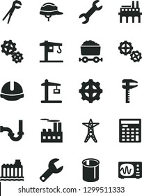 Solid Black Vector Icon Set - repair key vector, crane, gears, adjustable wrench, sewerage, construction helmet, hydroelectricity, power line, industrial building, enterprise, gear, pipes, calipers