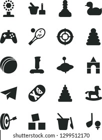 Solid Black Vector Icon Set - paper airplane vector, rubber duck, bath ball, stacking rings, toy, tumbler, sand set, children's, yule, small rocking horse, cubes for children, box of bricks, cup