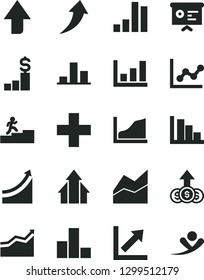 Solid Black Vector Icon Set - upward direction vector, plus, bar chart, line, graph, growth, positive histogram, financial report, carrer stairway, arrow, arrows, up, dollar pedestal, flying man