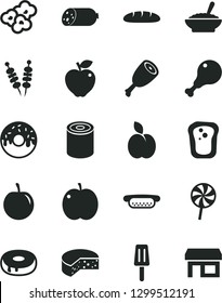 Solid Black Vector Icon Set - sausage vector, cheese, loaf, tin, fried vegetables on sticks, mini hot dog, cake with a hole, glazed, bowl of buckwheat porridge, chicken leg, thigh, lollipop, popcorn