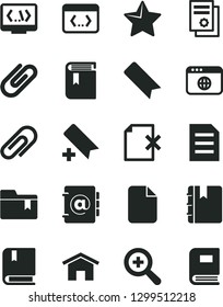 Solid Black Vector Icon Set - clip vector, add bookmark, zoom, folder, book, e, home, star, notebook, address, delete page, scientific publication, browser, coding, file