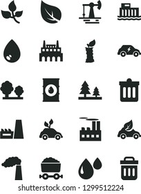 Solid Black Vector Icon Set - dust bin vector, drop, apple stub, working oil derrick, leaves, leaf, manufacture, hydroelectric station, trees, forest, industrial building, thermal power plant, trash