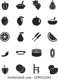 Solid Black Vector Icon Set - a chair for feeding vector, canned goods, mini hot dog, bowl of buckwheat porridge, rice, barbecue, orange slice, biscuit, grape, tasty raspberry, mango, tangerine, red
