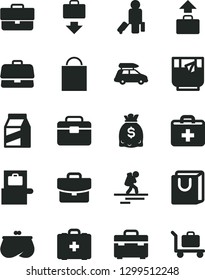 Solid Black Vector Icon Set - briefcase vector, paper bag, first aid kit, medical, portfolio, suitcase, with handles, package, a glass of tea, purse, dollars, car baggage, backpacker, passenger