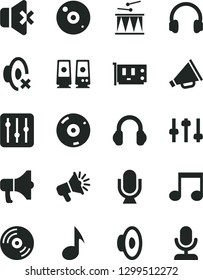 Solid Black Vector Icon Set - horn vector, loudspeaker, silent mode, drumroll, microphone, CD, regulator, no sound, megaphone, pc card, headphones, speaker, note, settings