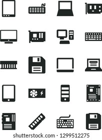 Solid Black Vector Icon Set - floppy disk vector, laptop, keyboard, screen, computer, tablet pc, notebook, radiator fan, power supply, tower, motherboard, memory, card