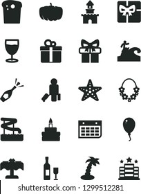 Solid Black Vector Icon Set - balloon vector, gift, Easter cake, birthday, glass, pumpkin, wall calendar, giftbox, sand castle, wine, champagne, passenger, palm tree, hawaii wreath, aquapark, hotel