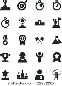 Solid Black Vector Icon Set - stopwatch vector, pedestal, racer, winner, podium, prize, cup, star reward, man with medal, flag, mountain, target, pennant, ribbon, cross flags, cloud ladder