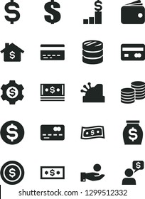 Solid Black Vector Icon Set - bank card vector, dollar, coins, reverse side of a, front the, column, denomination, catch coin, wallet, money, cash, cashbox, mortgage, pedestal, gear, dialog