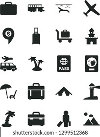 Solid Black Vector Icon Set - suitcase vector, case, passport, coastal lighthouse, sand castle, dollar pin, plane, bus, passenger, rolling, tent, beach, arnchair under umbrella, palm tree, baggage
