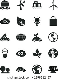 Solid Black Vector Icon Set - sign of the planet vector, paper bag, leaves, leaf, windmill, wind energy, Earth, bulb, hydroelectric station, trees, eco car, environmentally friendly transport, CO2