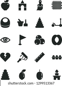 Solid Black Vector Icon Set - yardstick vector, pennant, baby bib, stacking rings, toy, sand set, box of bricks, Kick scooter, paint roller, plastic brush, broken heart, eye, bundle eggs, red apple