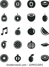 Solid Black Vector Icon Set - music vector, slices of onion, orange slice, half apricot, pomegranate, medlar, mango, melon, tangerine, loquat, cherry, passion fruit, kiwi, sour lime, guawa, coconut