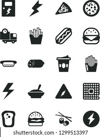 Solid Black Vector Icon Set - lightning vector, dangers, delivery, sausage, pizza, piece of, Hot Dog, mini, big burger, a bowl buckwheat porridge, French fries, fried potato slices, coffe to go