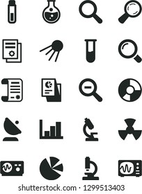 Solid Black Vector Icon Set - magnifier vector, zoom out, negative histogram, artificial satellite, round flask, radiation, antenna, ring diagram, pie charts, statistical research, article