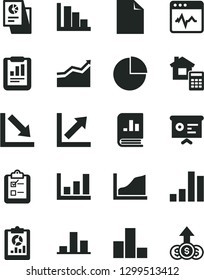 Solid Black Vector Icon Set - clean sheet of paper vector, pie chart, bar, growth, negative, positive histogram, estimate, cardiogram, survey, statistical report, overview, book on statistics, graph