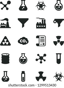 Solid Black Vector Icon Set - round flask vector, factory, barrel, industrial building, radiation, carbon dyoxide, filter, water, research article, test tube, molecule, nuclear, biohazard