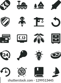 Solid Black Vector Icon Set - counterclockwise vector, bedside table, tumbler, e, crane, cards, 24, chicken leg, bacon, goji berry, text highlighter, bulb, coding, history, robot, lunar rover