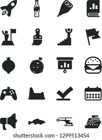 Solid Black Vector Icon Set - potty chair vector, plastic brush, flag, megaphone, big burger, grill chicken leg, small fish, bottle of soda, medlar, book on statistics, calendar, presentation, moon