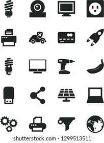 Solid Black Vector Icon Set - monitor window vector, drill, saving light bulb, screen, banana, solar panel, socket, energy, autopilot, water filter, connection, three gears, front of the bank card