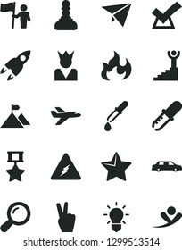 Solid Black Vector Icon Set - star vector, electricity, zoom, bulb, pipette, flame, rocket, pawn, winner stairway, mountain flag, man hold, hero medal, confirm, paper plane, victory hand, king