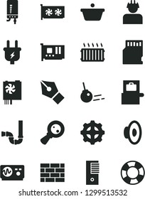 Solid Black Vector Icon Set - loudspeaker vector, brickwork, siphon, electronic boiler, core, plug, gear, builder, aluminum radiator, pan, magnifying glass, pc power supply, tower, card, gpu, sd