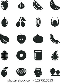 Solid Black Vector Icon Set - tomato vector, jam, tasty apple, strawberry, cornels, blackberry, melon, slice of, water, tangerine, passion fruit, sweet date, sour lime, half guawa, pineapple, garlic