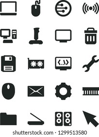 Solid Black Vector Icon Set - computer vector, notebook pc, radiator fan, mouse, gpu card, monitor, scanner, speaker, network, folder, trash bin, floppy, coding, wireless, joystick, mail, repair