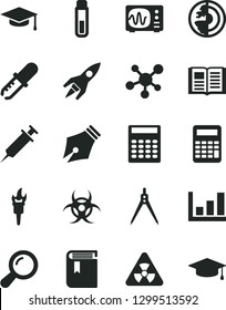 Solid Black Vector Icon Set - book vector, test tube, molecule, nuclear, zoom, biohazard, pipette, oscilloscope, graduate hat, calculator, drawing compass, growth graph, earth core, rocket, syringe
