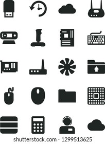 Solid Black Vector Icon Set - keyboard vector, upload folder, operator, processor, calculator, fan, mouse, motherboard, pc card, web camera, router, usb flash, joystick, big data, history, cloud