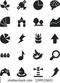 Solid Black Vector Icon Set - upward direction vector, pie chart, line, box of bricks, sample colour, lightning, bundle eggs, mint, hot pepper, leaves, trees, drop oil, lighthouse, charts, magnifier