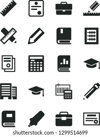 Solid Black Vector Icon Set - briefcase vector, graphite pencil, yardstick, new abacus, e, portfolio, buildings, writing accessories, drawing, calculation, square academic hat, text highlighter