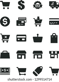 Solid Black Vector Icon Set - bank card vector, dollar, put in cart, crossed, cards, kiosk, label, stall, shopping, basket, reverse side of a, cash, bag, hand, Express delivery, sale