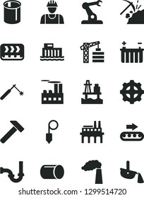 Solid Black Vector Icon Set - tower crane vector, builder, sewerage, plummet, hammer, sea port, coal mining, manufacture, battery, hydroelectric station, industrial building, enterprise, gear, pipe