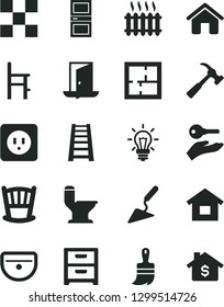 Solid Black Vector Icon Set - cradle vector, a chair for feeding, house, dwelling, building trowel, wooden paint brush, stepladder, sink, comfortable toilet, laying out, power socket type b, tile