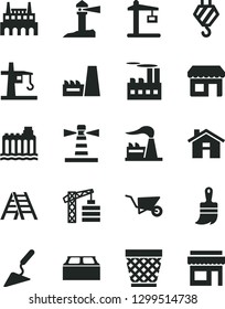 Solid Black Vector Icon Set - house vector, wicker pot, tower crane, hook, building trolley, trowel, wooden paint brush, ladder, block, factory, hydroelectricity, industrial, thermal power plant