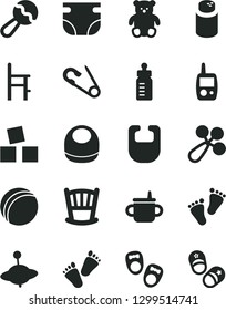 Solid Black Vector Icon Set - cradle vector, mug for feeding, bottle, nappy, powder, bib, baby, beanbag, rattle, open pin, bath ball, toy mobile phone, a chair, small teddy bear, footprints, yule